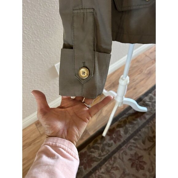 GUESS Women’s Size SM Military Green Trench Rain Coat Jacket Gold Draw String - Picture 3 of 7